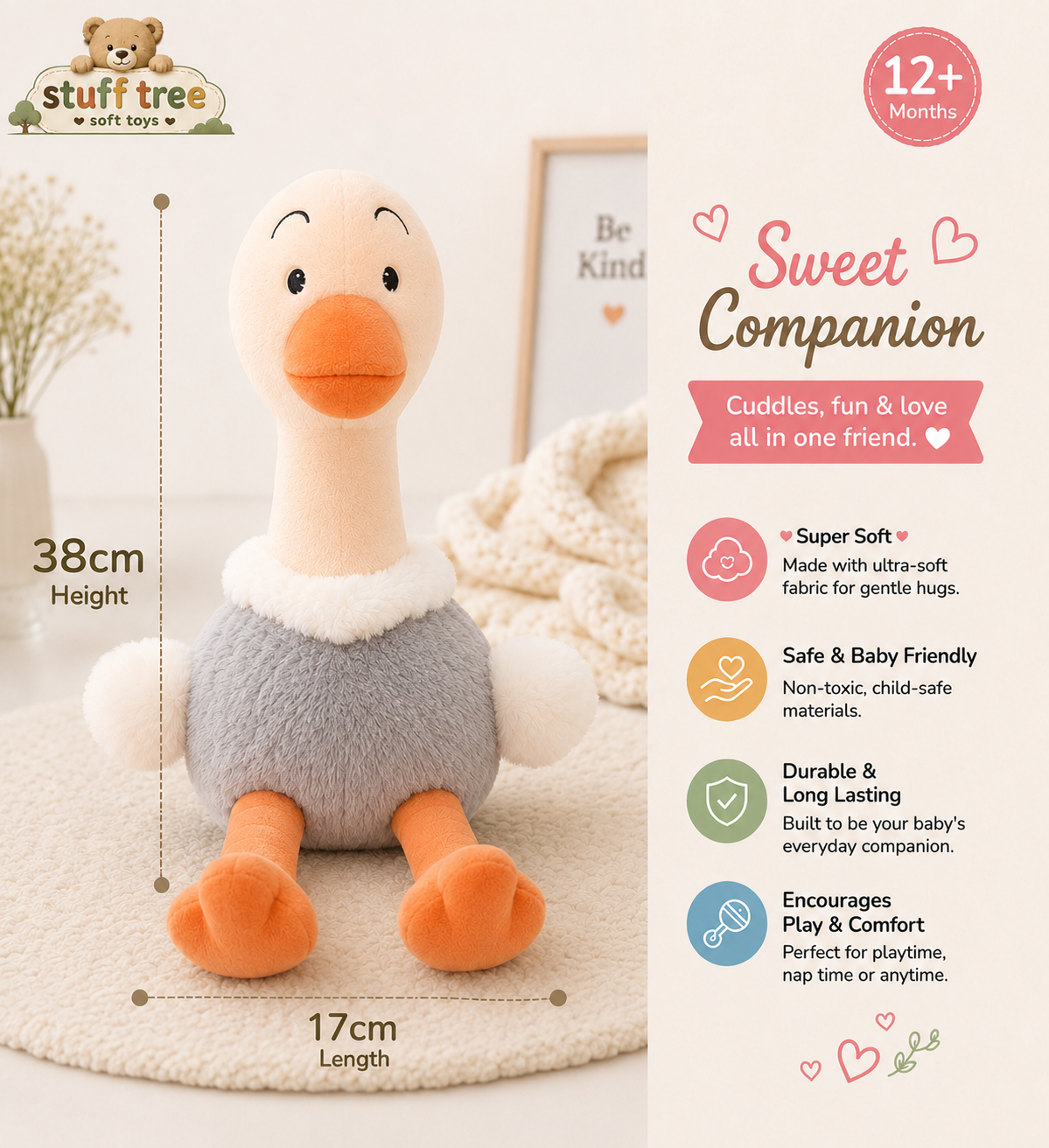 PlushiePalooza 35cm Hanging Ostrich Soft Toy – Fluffy Grey & Orange Stuffed Animal with Long Legs