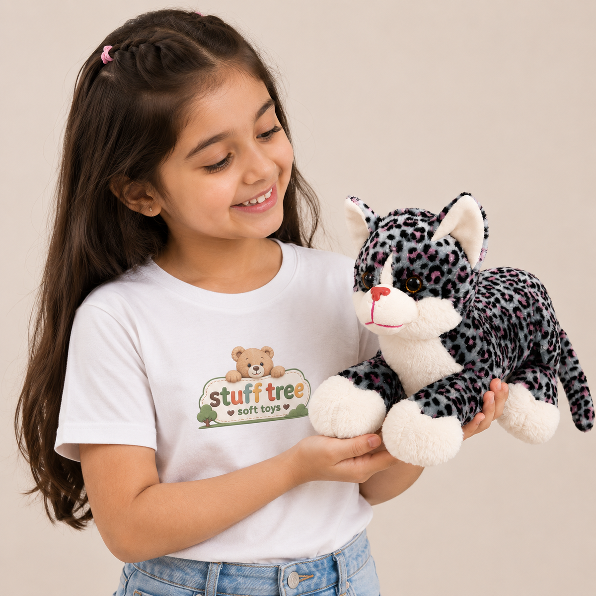 28cm Soft Sitting Pink Spotted Leopard Plush – Cuddly Grey Stuffed Animal