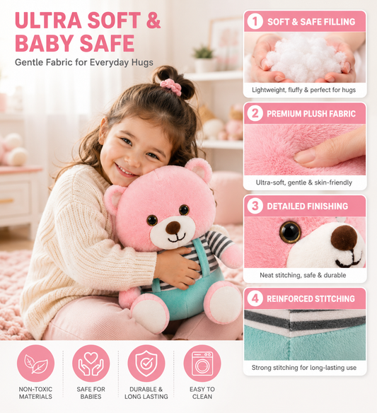 8cm Premium Pink Plush Teddy Bear Soft Toy with Striped Shirt & Overalls