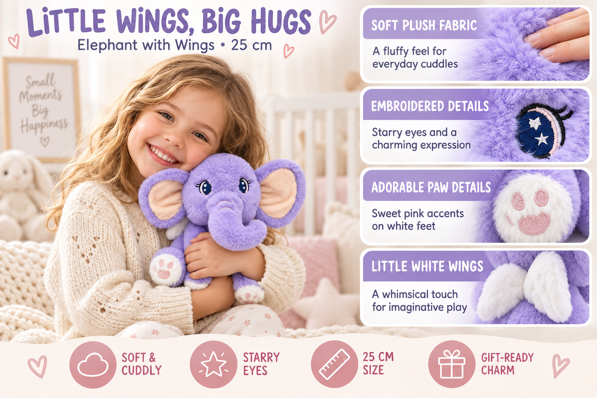 Stuff Tree Elephant with Wings Soft Toy – 25 cm | Cute Flying Elephant Plush for Gifting & Room Décor