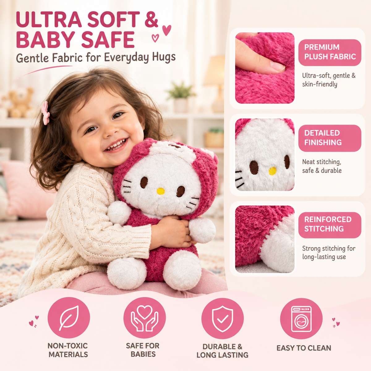 28cm Ultra-Soft Kitty in Pink Hoodie Plush | Cute Magenta Bear Suit Stuffed Animal