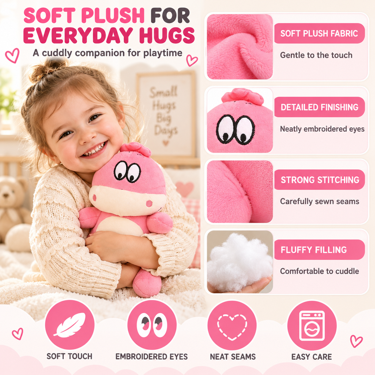 Super Soft Pink Baby Dinosaur Plush Toy (25cm) – Cuddly Cartoon Dino Stuffed Animal