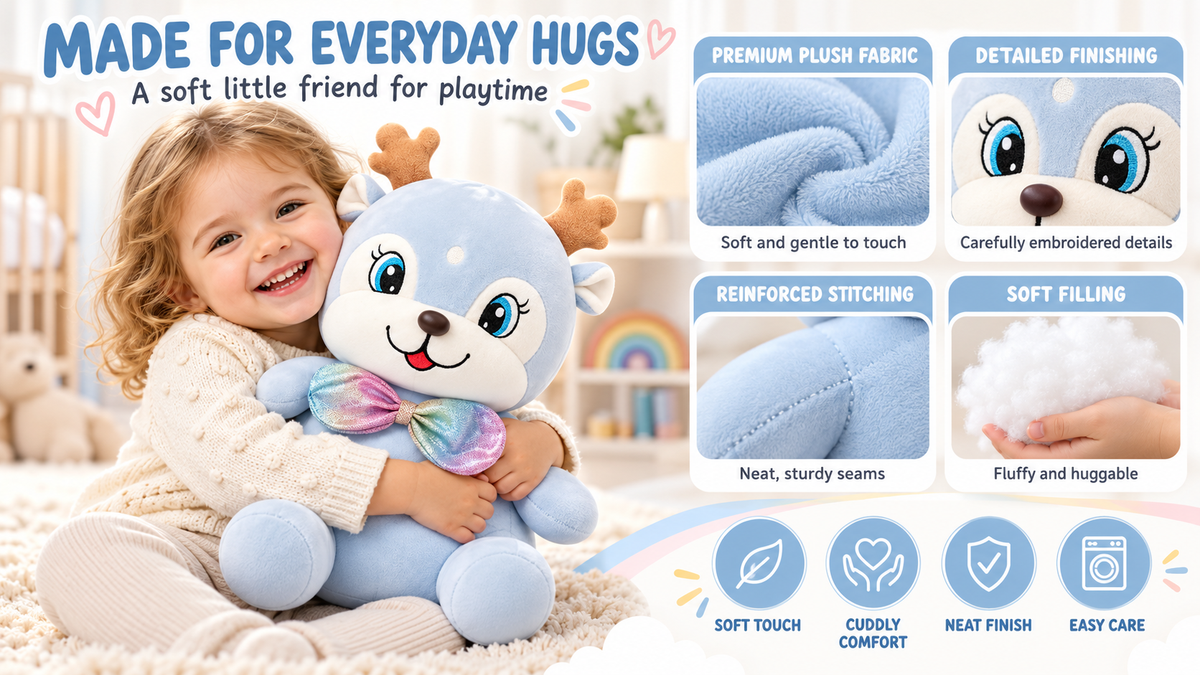 38cm Pastel Blue Reindeer Plush with Iridescent Rainbow Bow Tie