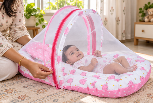 Premium Soft Baby Mosquito Net Bed with Pillow | Portable Infant Sleeping Tent | Pink Elephant Design (75x50cm)