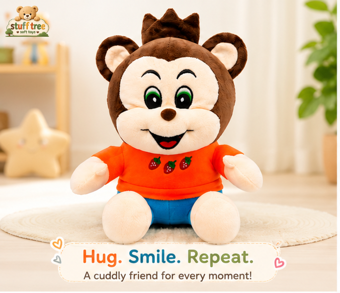 Adorable 28cm Fruit Monkey Soft Toy with Strawberry Orange Shirt and Blue Pants