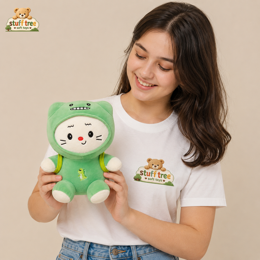 Premium 28cm Soft Cat Plush in Green Turtle/Dino Suit