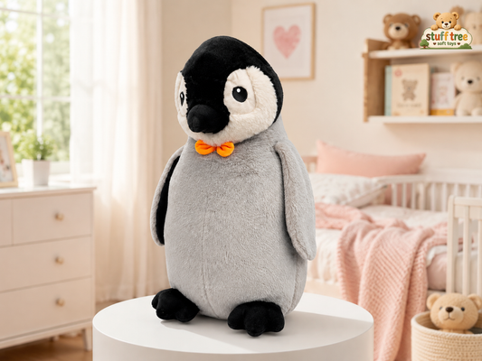 Stuff Tree Penguin Soft Toy 60 cm | Large Grey Plush Penguin with Orange Bow | Cuddly Gift & Room Décor