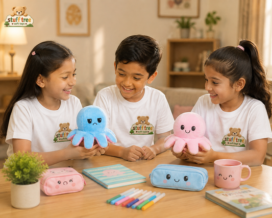 Stuff Tree Reversible Octopus Soft Toy – 20 cm | Pink & Aqua Double-Sided Mood Plush with Happy & Grumpy Faces