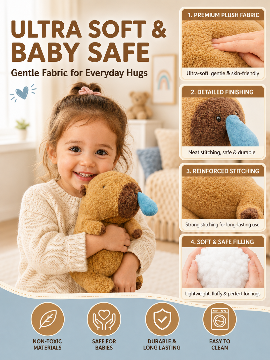 Stuff Tree Capybara Soft Toy 35 cm | Sleepy Brown Plush with Blue Droplet | Cute Gift for Plush Lovers
