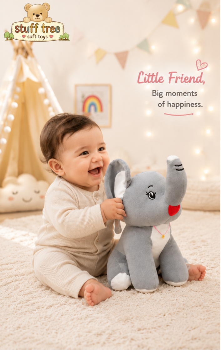 Stuff Tree King Elephant Soft Toy 30 cm | Grey & White Plush Elephant for Gifting & Playtime
