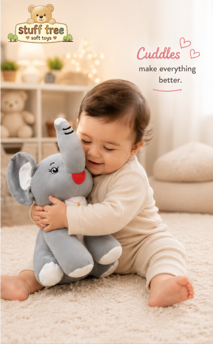 Stuff Tree King Elephant Soft Toy 30 cm | Grey & White Plush Elephant for Gifting & Playtime