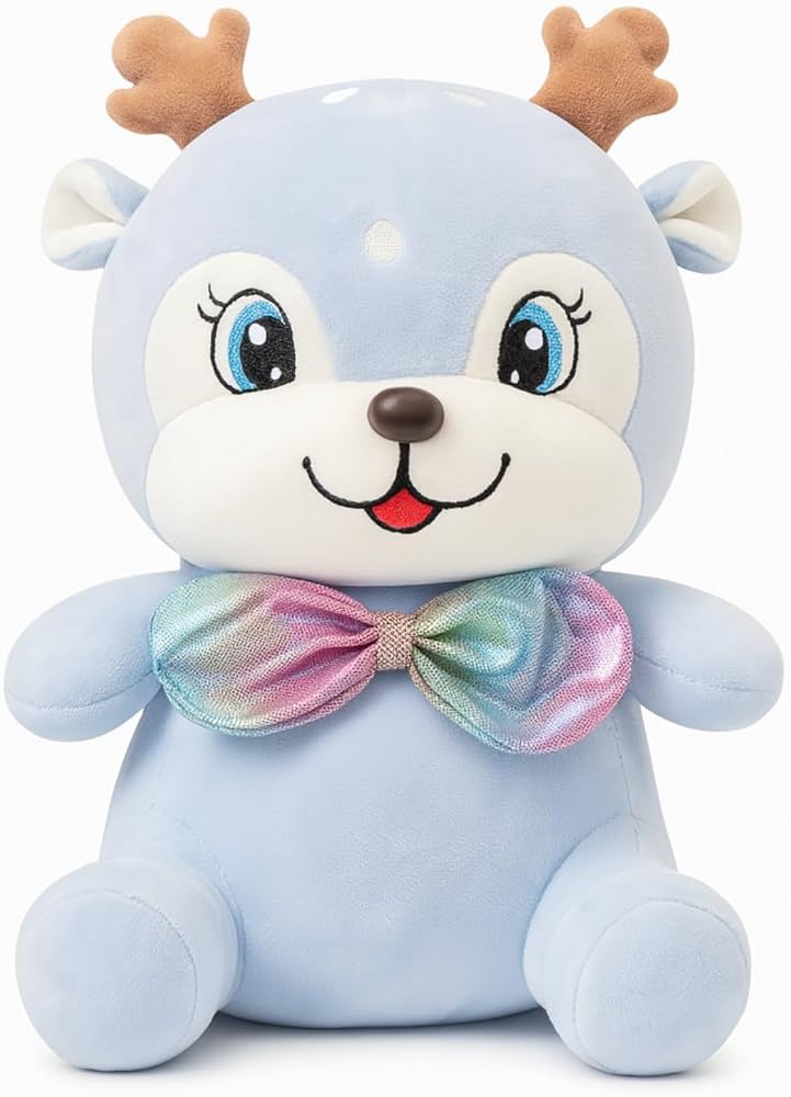 38cm  Pastel Blue Reindeer Plush with Iridescent Rainbow Bow Tie