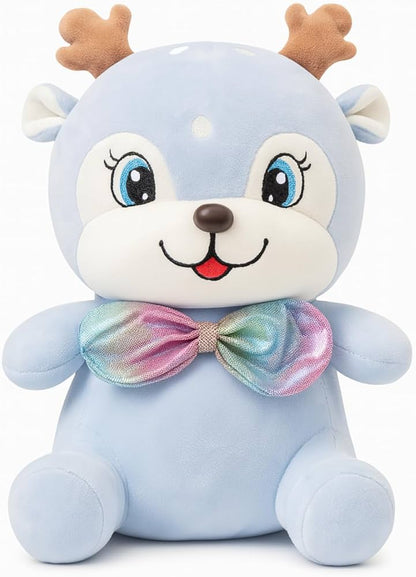38cm  Pastel Blue Reindeer Plush with Iridescent Rainbow Bow Tie