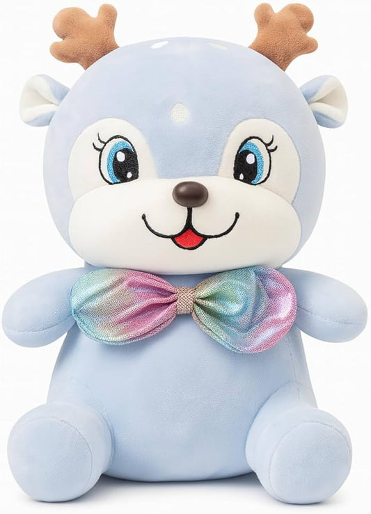 38cm  Pastel Blue Reindeer Plush with Iridescent Rainbow Bow Tie