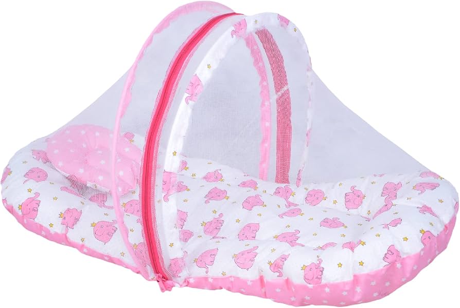 Premium Soft Baby Mosquito Net Bed with Pillow | Portable Infant Sleeping Tent | Pink Elephant Design (75x50cm)