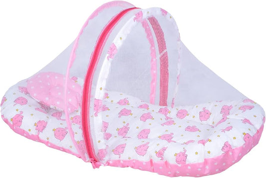 Premium Soft Baby Mosquito Net Bed with Pillow | Portable Infant Sleeping Tent | Pink Elephant Design (75x50cm)