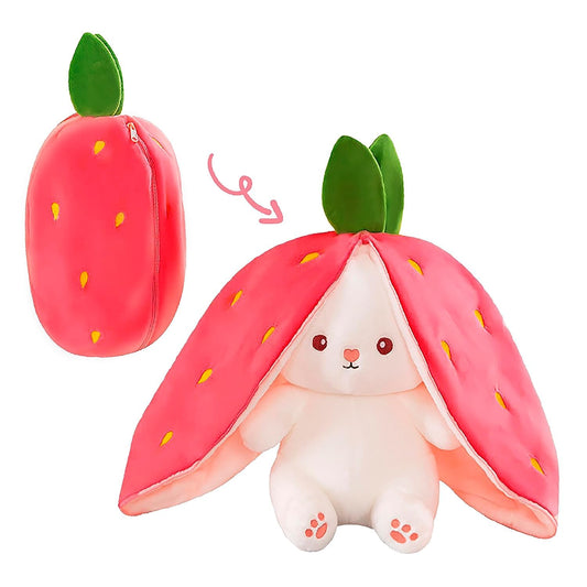 Stuff Tree Strawberry Bunny Soft Toy – 30 cm | 2-in-1 Zip-Up Rabbit Plush, Pink & Cream