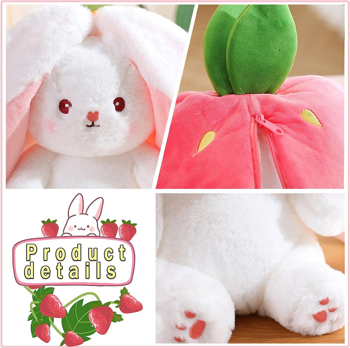 Stuff Tree Strawberry Bunny Soft Toy – 30 cm | 2-in-1 Zip-Up Rabbit Plush, Pink & Cream