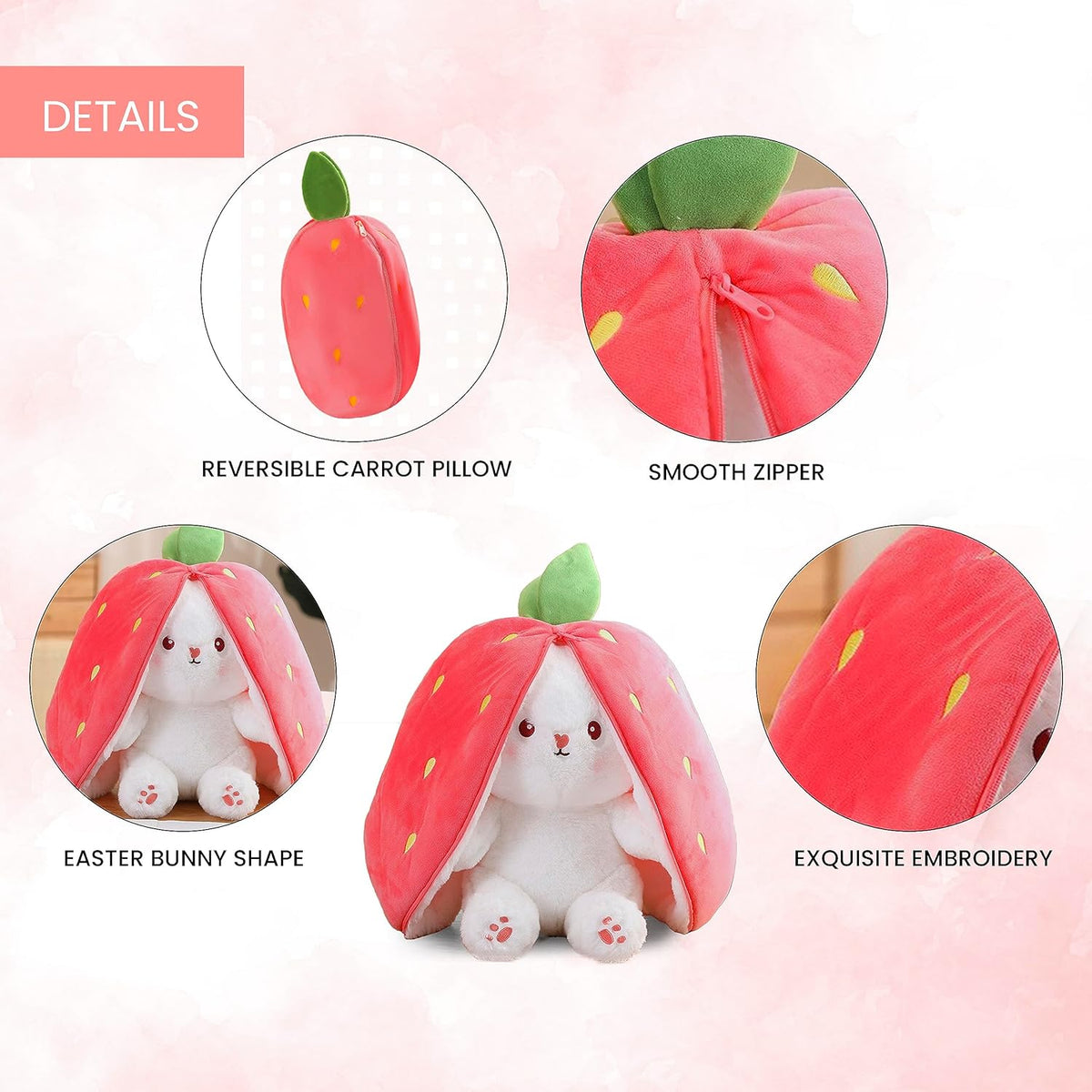 Stuff Tree Strawberry Bunny Soft Toy – 30 cm | 2-in-1 Zip-Up Rabbit Plush, Pink & Cream
