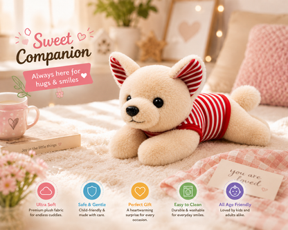 Snuggly 30cm Happy Dog Plush Toy with Red Striped Shirt