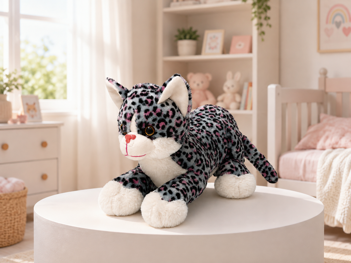 28cm Soft Sitting Pink Spotted Leopard Plush – Cuddly Grey Stuffed Animal