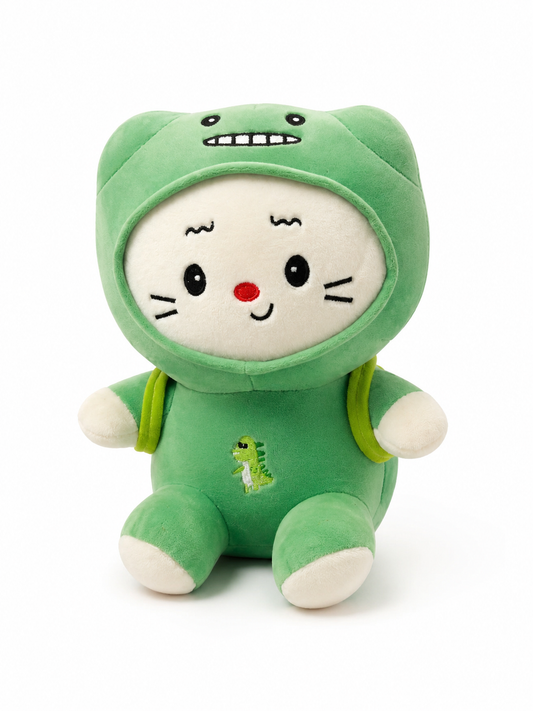 Premium 28cm Soft Cat Plush in Green Turtle/Dino Suit