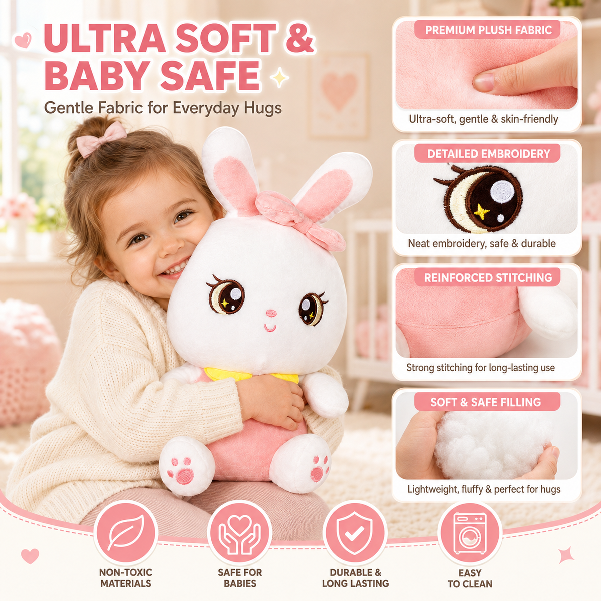 Sweet Bunny Soft Plush Toy (25cm) – Adorable White & Pink Stuffed Animal with Bow