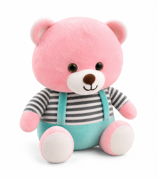 8cm Premium Pink Plush Teddy Bear Soft Toy with Striped Shirt & Overalls