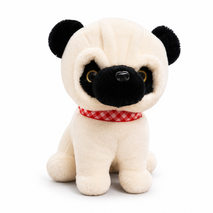 Stuff Tree Pug Dog Soft Toy, 30 cm | Cream and Black Plush Puppy with Red Check Collar