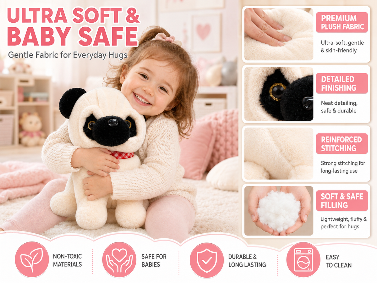 Stuff Tree Pug Dog Soft Toy, 30 cm | Cream and Black Plush Puppy with Red Check Collar
