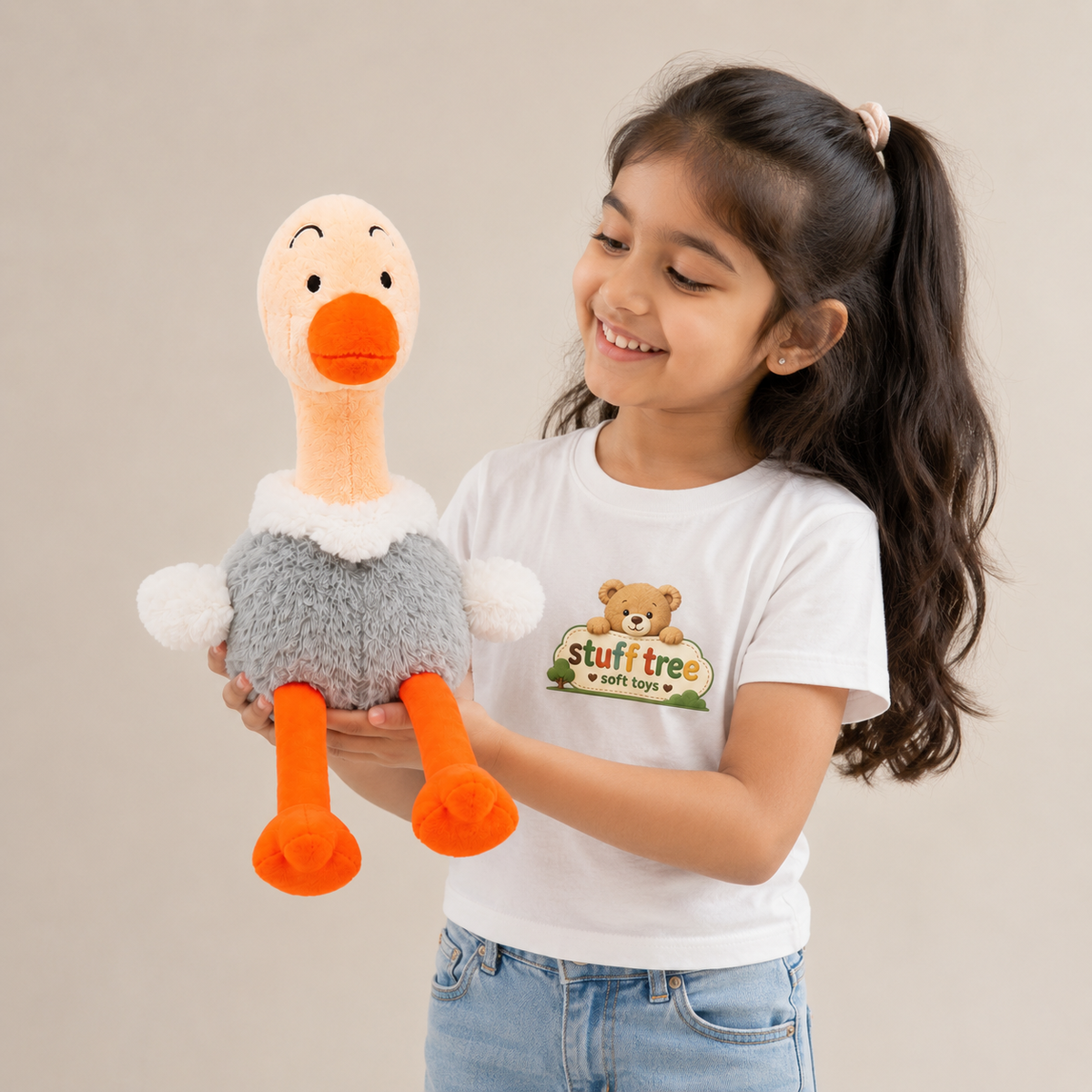 PlushiePalooza 35cm Hanging Ostrich Soft Toy – Fluffy Grey & Orange Stuffed Animal with Long Legs
