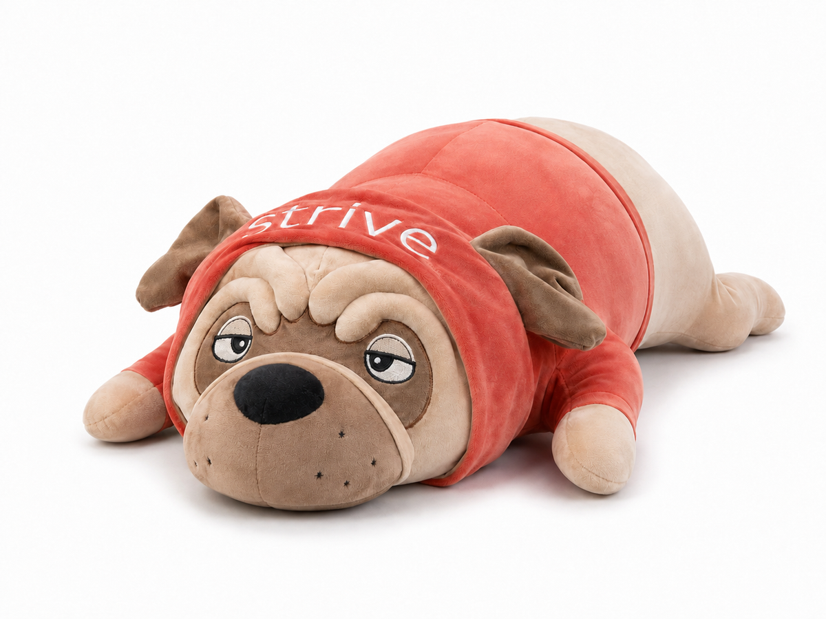 Giant "Strive" Pug Plush Toy – 95cm Oversized Soft Snuggle Dog in Hoodie
