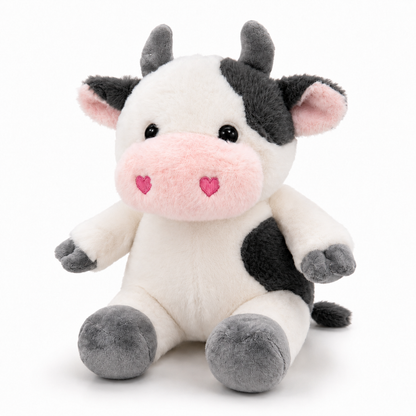 Stuff Tree Sitting Cow Soft Toy – 28 cm | Cute Black & White Plush with Pink Heart Details