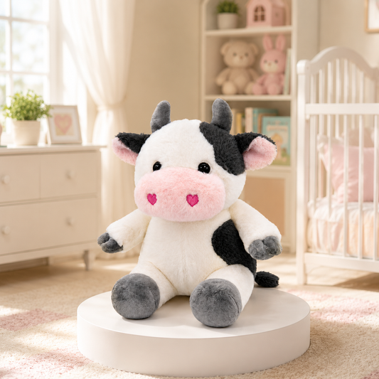 Stuff Tree Sitting Cow Soft Toy – 28 cm | Cute Black & White Plush with Pink Heart Details