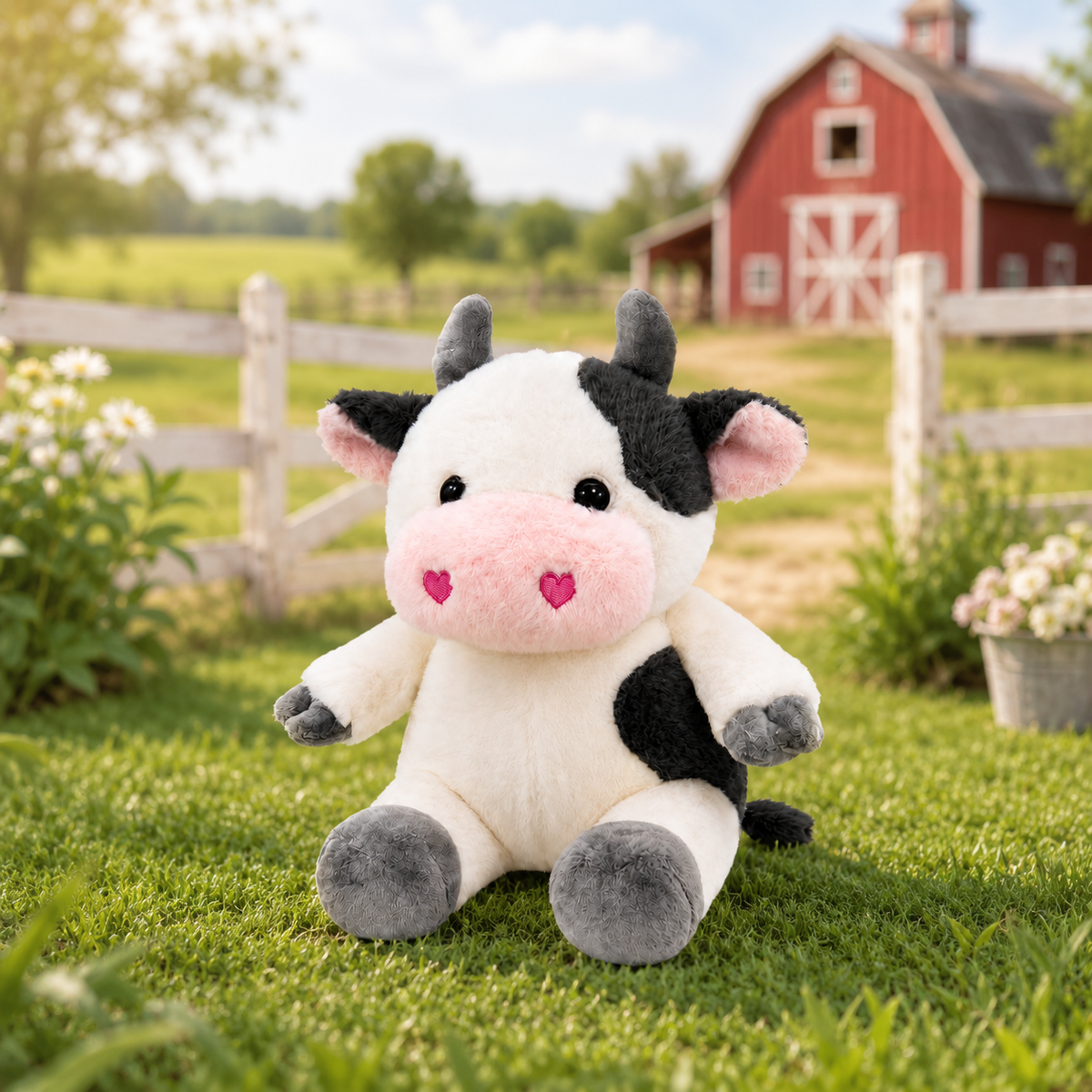 Stuff Tree Sitting Cow Soft Toy – 28 cm | Cute Black & White Plush with Pink Heart Details