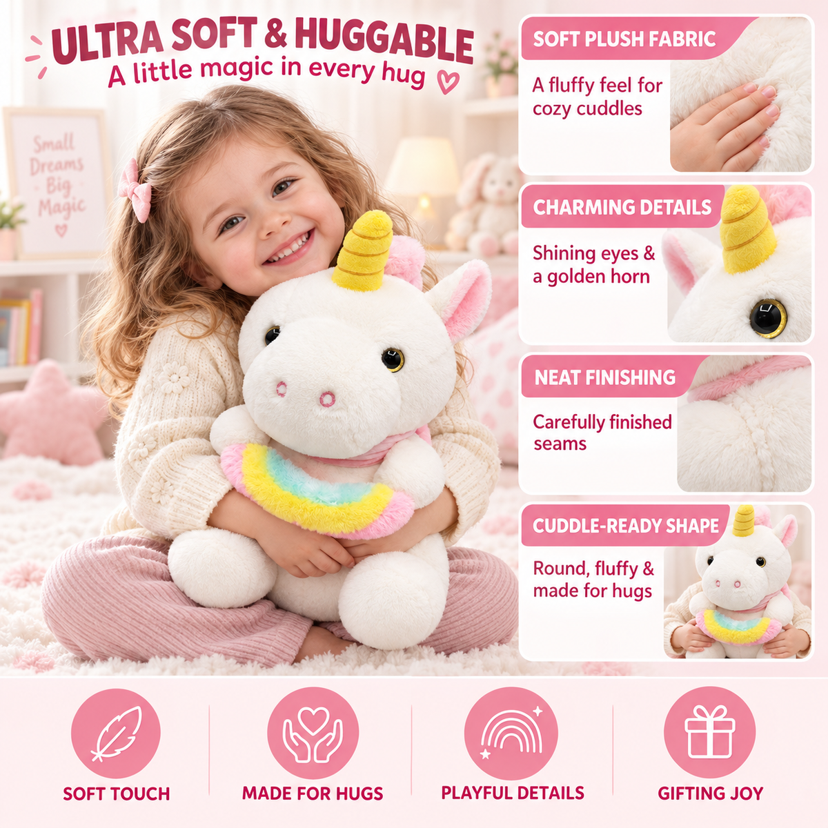 Stuff Tree Unicorn with Donut Soft Toy – 40 cm | White Plush with Pastel Rainbow Detail