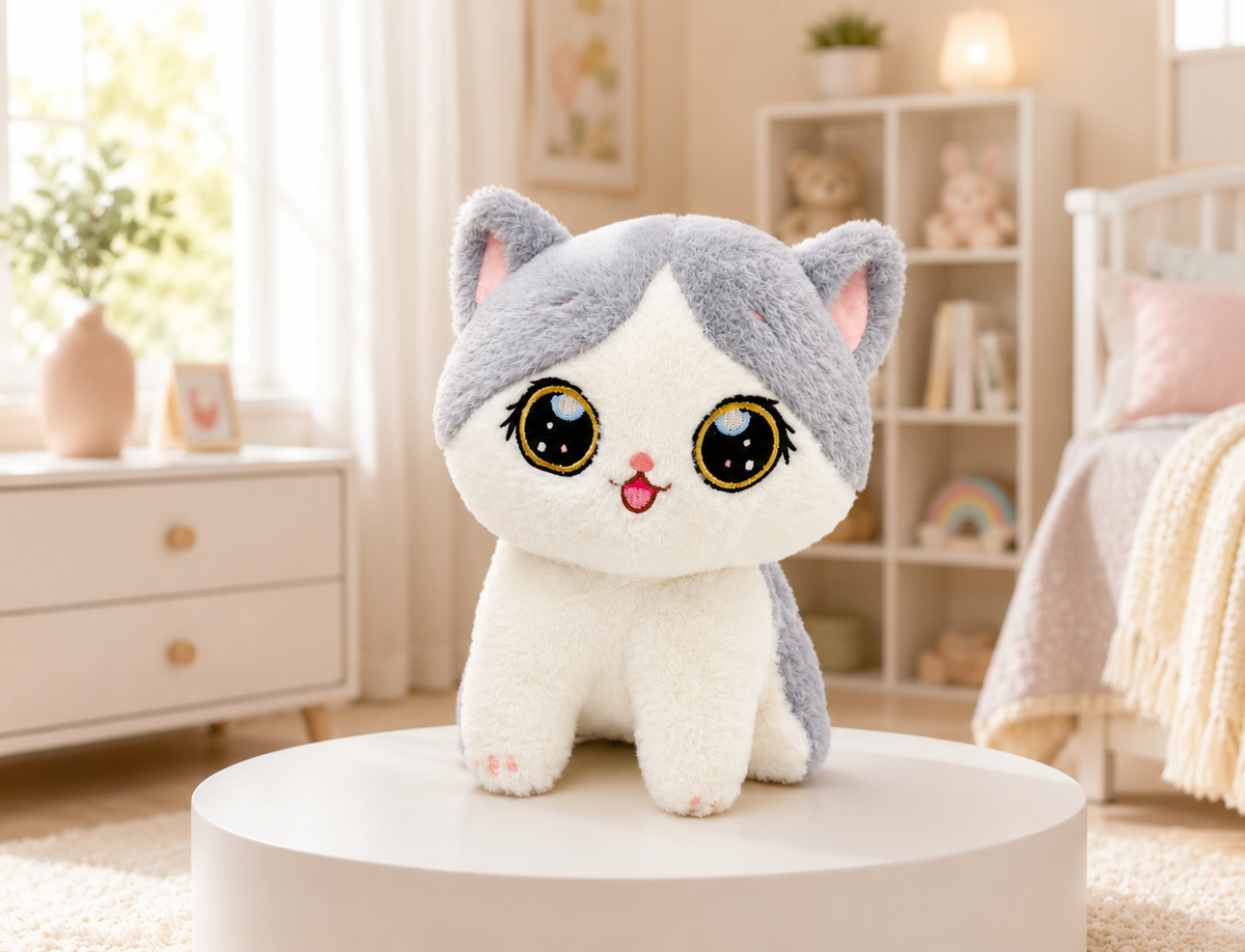 21cm Sitting Cat Plush Toy – Grey & White Fluffy Kitten Stuffed Animal