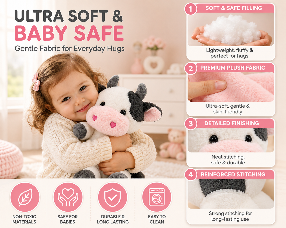 Stuff Tree Sitting Cow Soft Toy – 28 cm | Cute Black & White Plush with Pink Heart Details