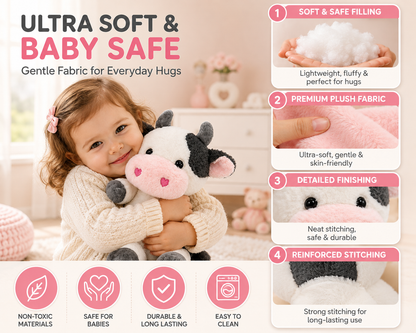 Stuff Tree Sitting Cow Soft Toy – 28 cm | Cute Black & White Plush with Pink Heart Details