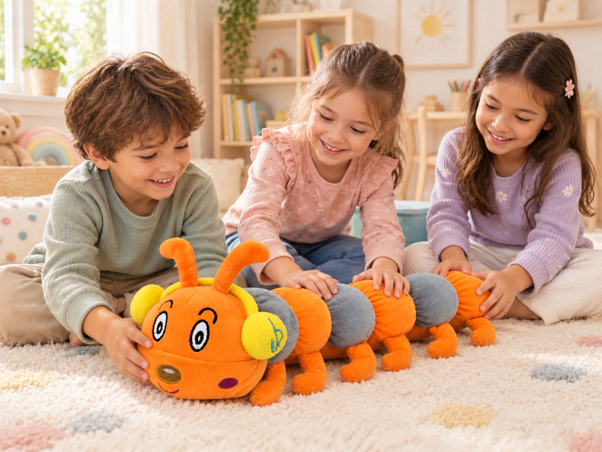 45cm Groovy Caterpillar Plush Toy with Headphones – Orange & Grey Stuffed Animal