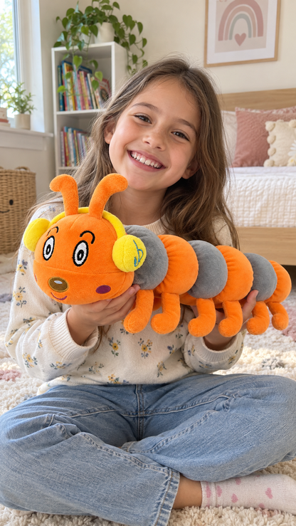 45cm Groovy Caterpillar Plush Toy with Headphones – Orange & Grey Stuffed Animal