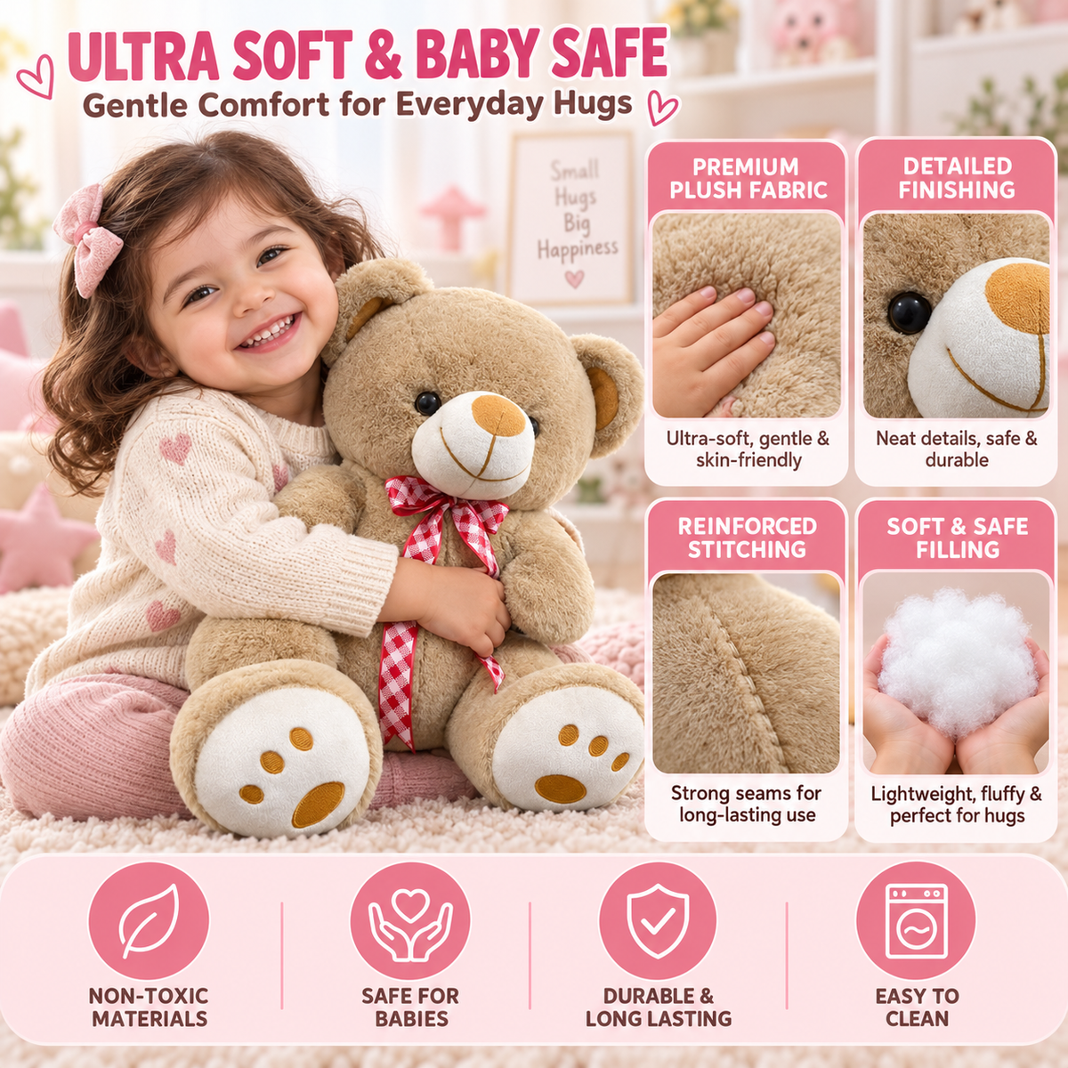Classic 40cm Soft to Love Plush Teddy Bear with Checkered Ribbon