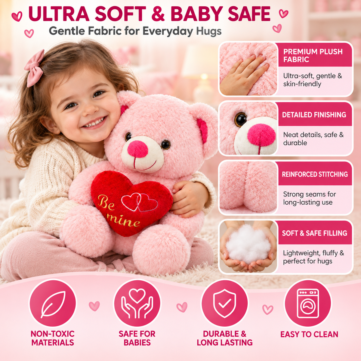 40cm Ultra-Soft Pink "Be Mine" Teddy Bear | Romantic Stuffed Animal with Heart