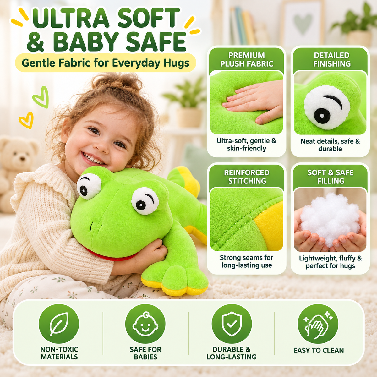 55cm Giant Plush  flopy Frog Toy – Ultra-Soft Green & Yellow Stuffed Animal Pillow