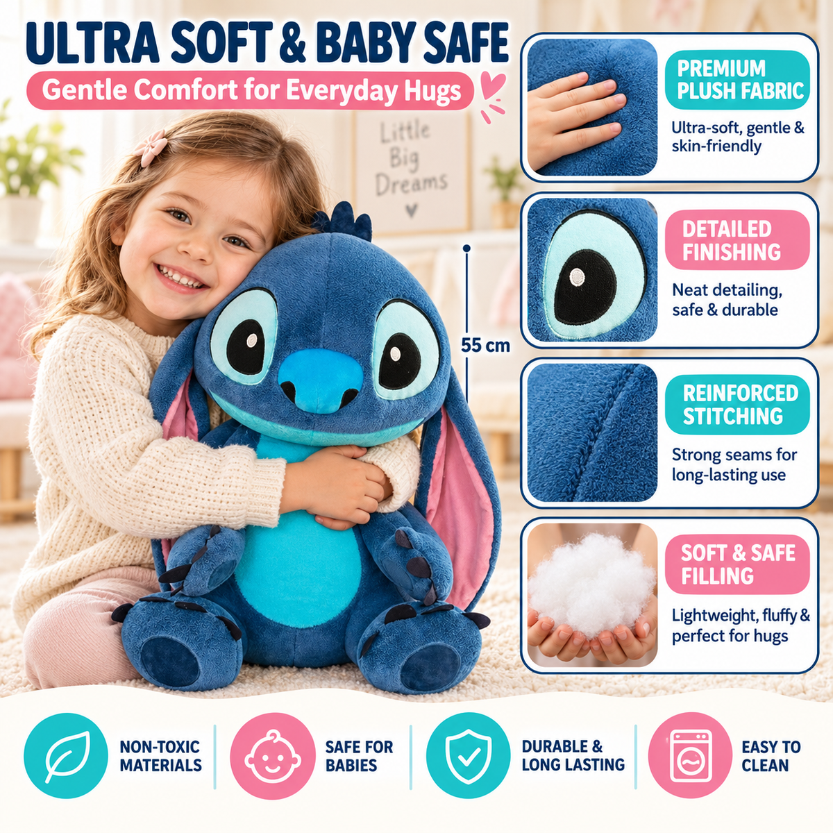 Giant 60cm Premium Stitch Soft Toy – Cuddly Alien Stuffed Plushie with Floppy Ears