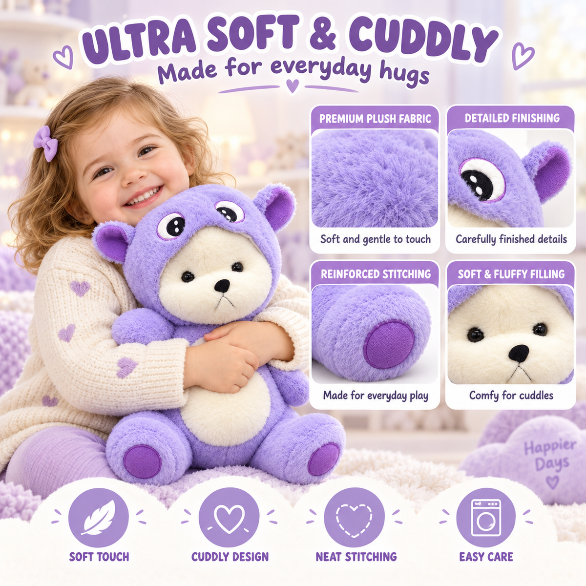 45cm Ultra-Soft Plush Teddy Bear in Purple Character Hoodie