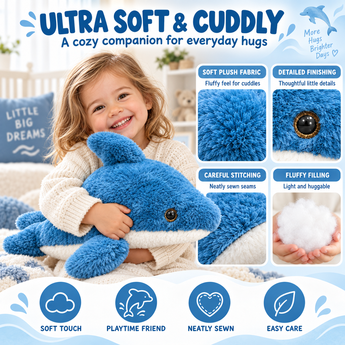 Ultra-Soft Fluffy Blue Dolphin Plush Toy – 30cm