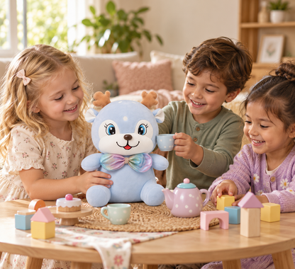 38cm  Pastel Blue Reindeer Plush with Iridescent Rainbow Bow Tie