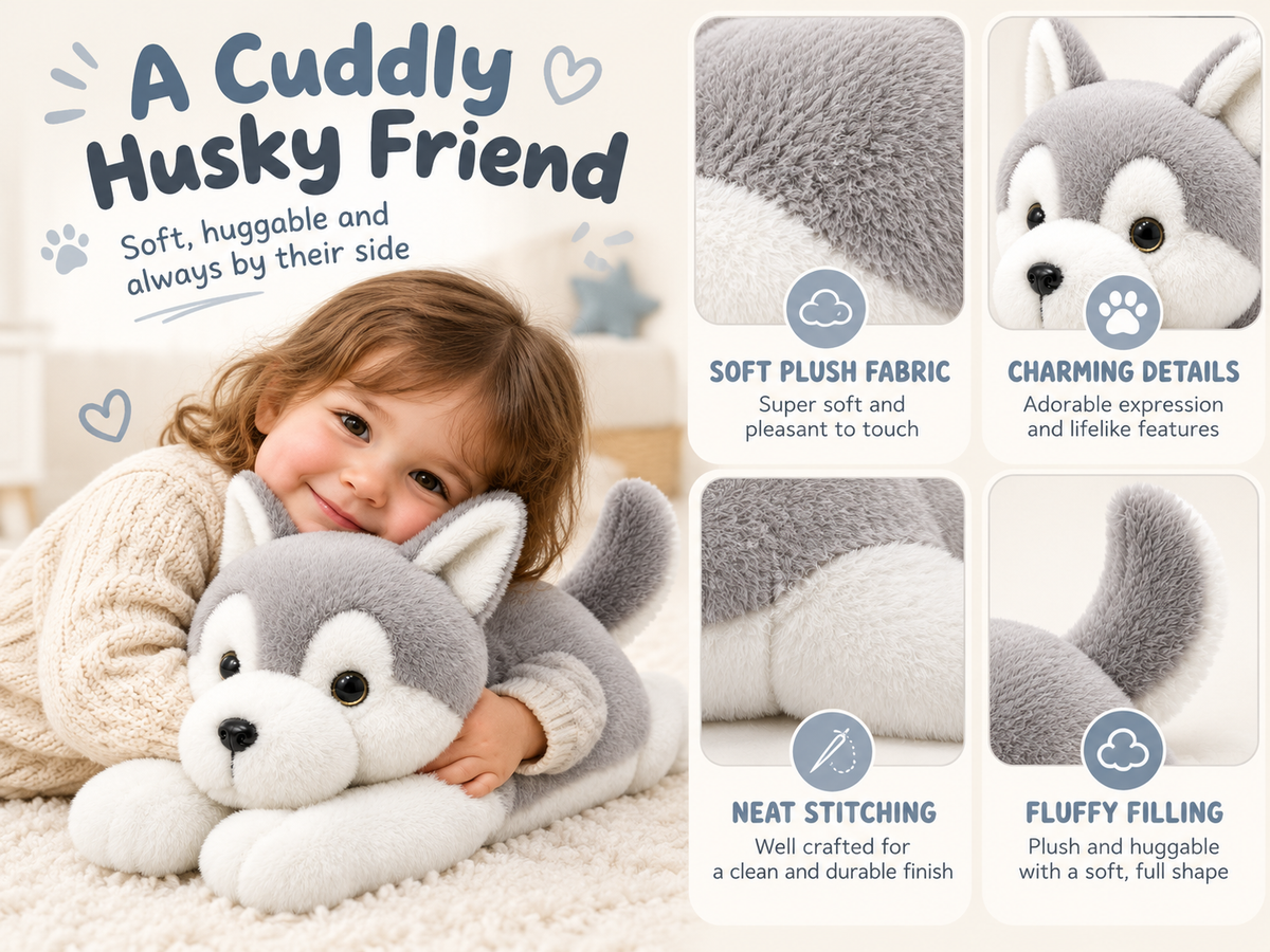 Premium Soft Lying Husky Plush Toy (55cm) - Adorable Stuffed Animal Cuddle Buddy