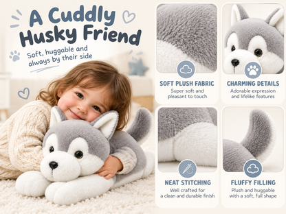 Premium Soft Lying Husky Plush Toy (55cm) - Adorable Stuffed Animal Cuddle Buddy